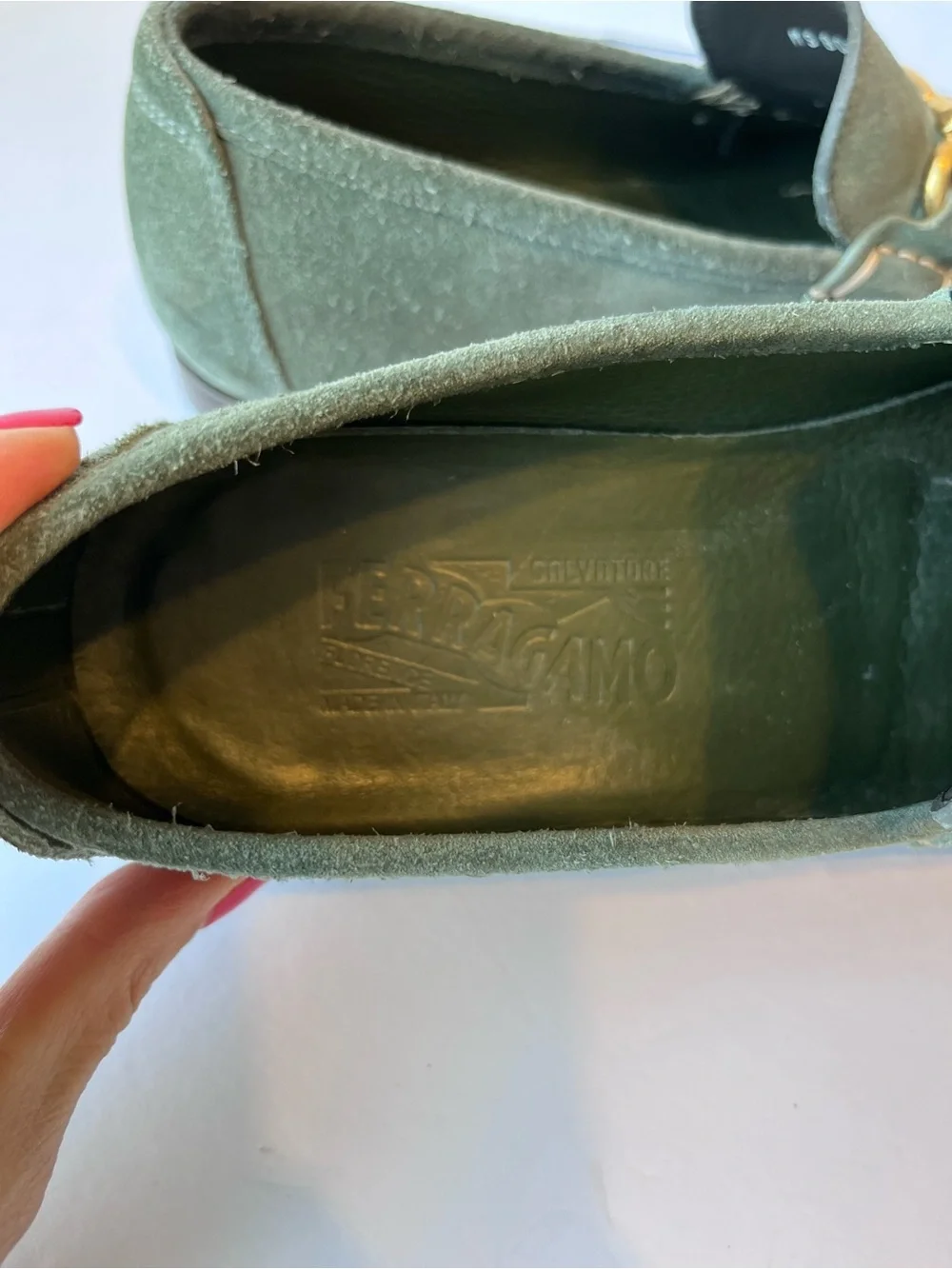 Salvatore Ferragamo Gancini Buckle Green Suede Loafers